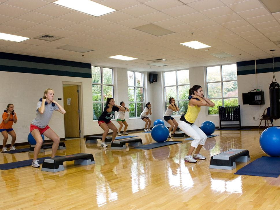 group of people doing aerobics class in fitness center