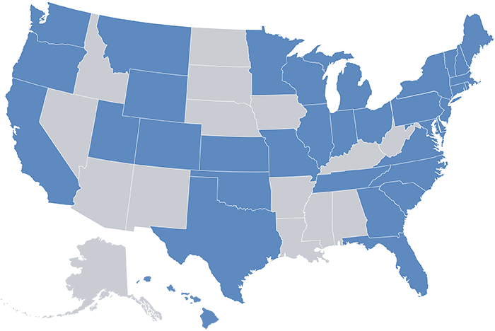 Map of U.S. states for Endicott College's 2024-25 Internships