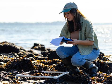 Student with a notebook on rocks at the beach