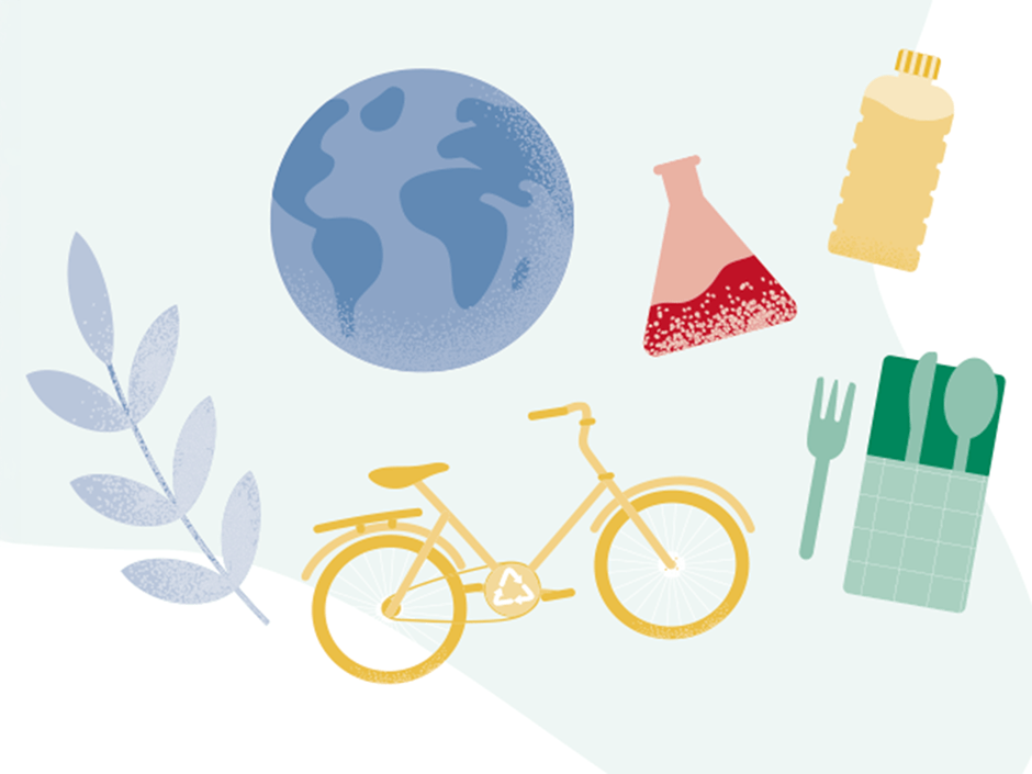 Sustainability infographic of a planet, bicycle, eating utensils etc