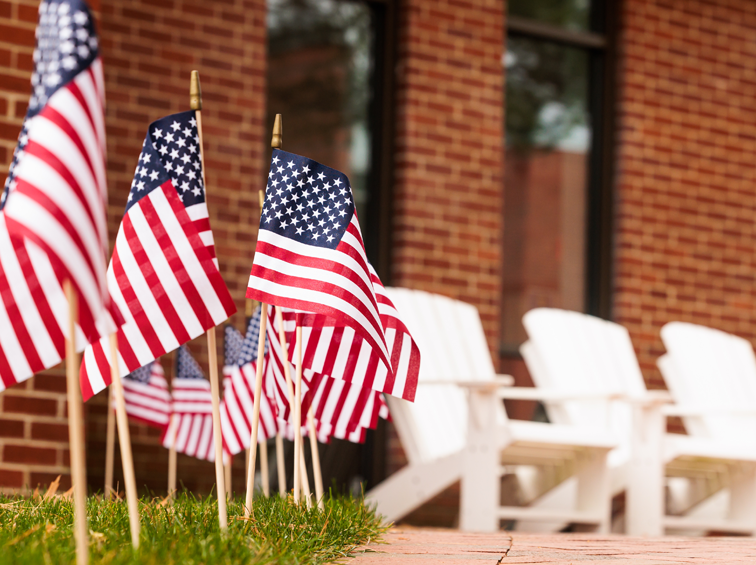 US flags on Endicott campus
